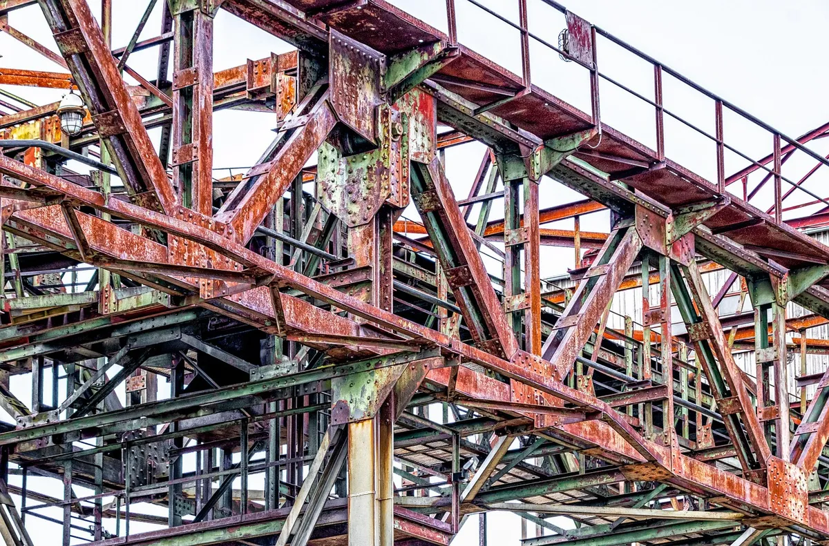 financial support, linkage, technology, industry, metal, stole, iron, construction, rusty, conveyor technology, steel construction, rusted, solid, stable, brown