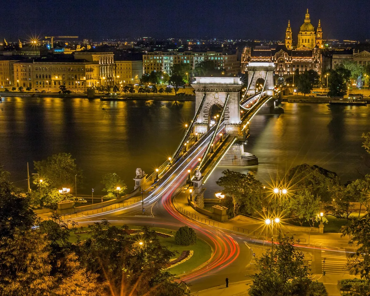 bridge, river, city, urban, night, evening, illuminated, city lights, chain bridge, tourist attraction, adam clark square, széchenyi chain bridge, danube, budap