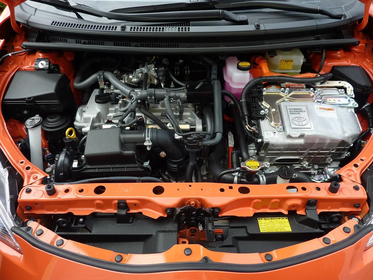 car engine, prius c, motor, vehicle, automobiles, hybrid, transportation, battery, mileage, engine, orange, close-up, prius, macro, science, technology, electro
