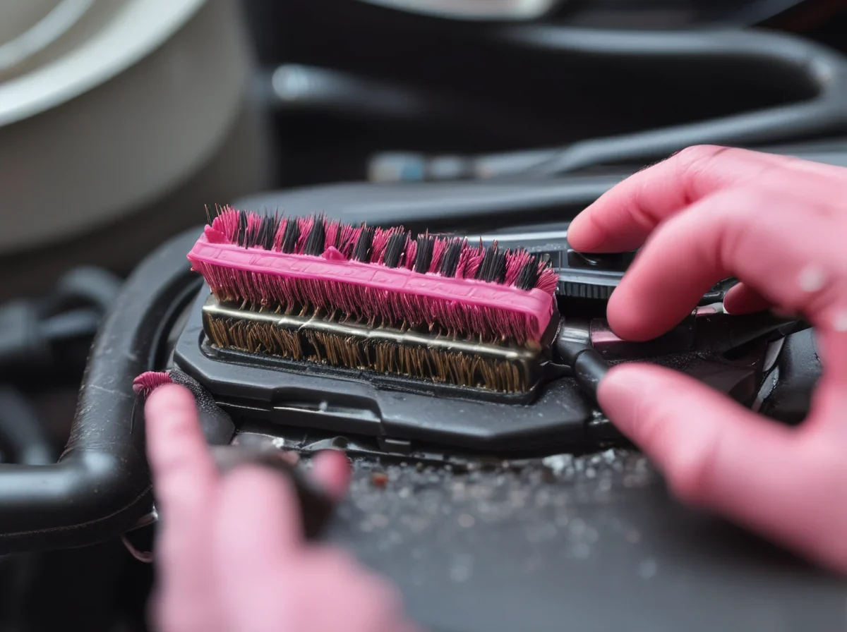 Bisturí a mano limpiando la oxidación de los terminales metálicos rojos y negros de una batería