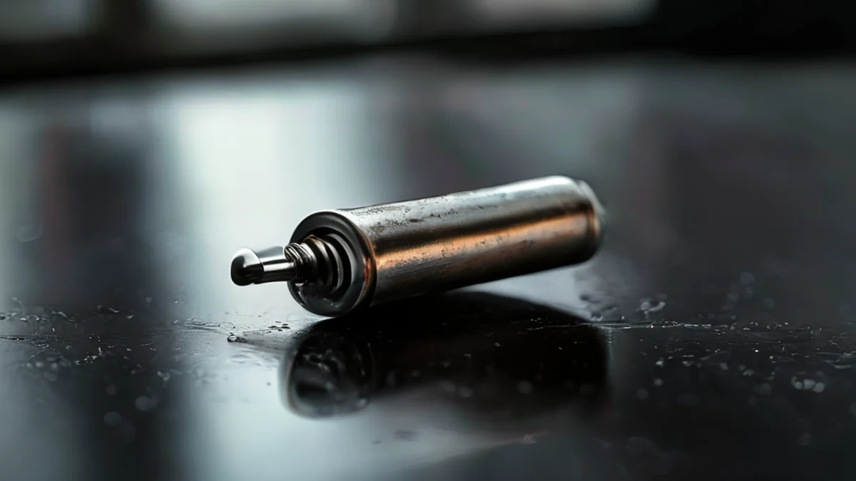 Screw à baterie en acier inoxydable, légèrement rouillé, reposant sur une surface noire brillante sous une lumière douce, champ de profondeur faible, détails élevés