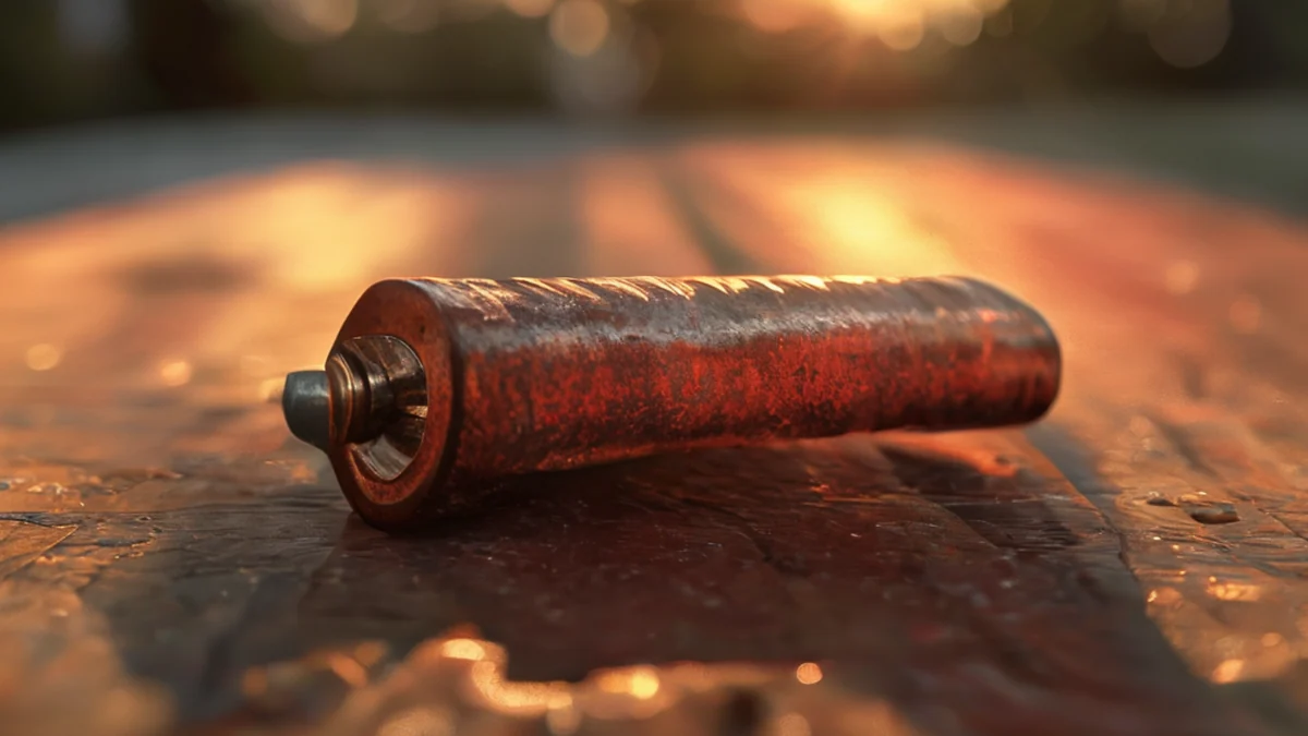 Un unico albero di acciaio fuso, centrato, con un finish rosso rugginoso, testa esagonale, appoggiato su una mensola in legno sotto la luce dell'ora d'oro, campo di profondità sottile, fotorealistico, focus acuto, dettagli elevati