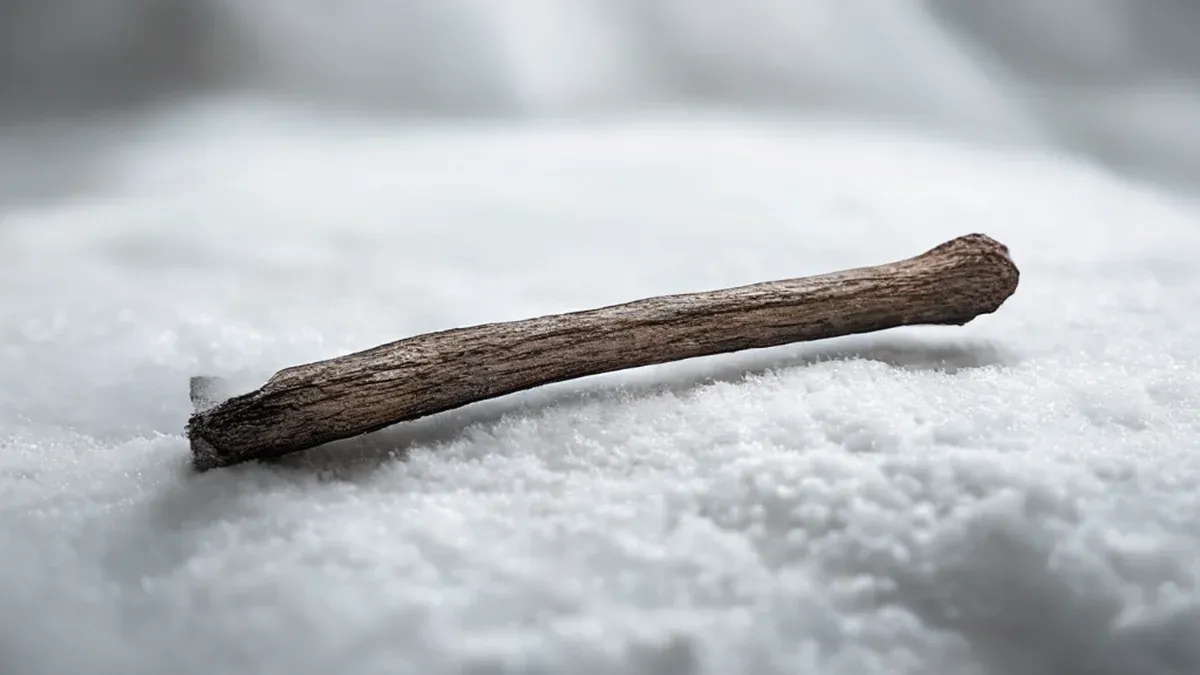 Um galho fino de madeira escura e áspera repousa na horizontal sobre uma superfície branca e fofa que lembra neve recém-caída.