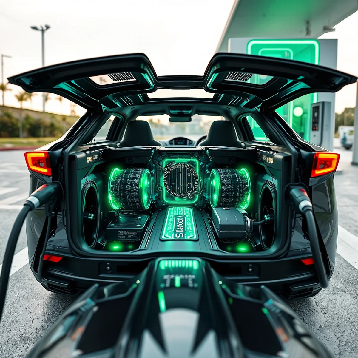 Szenen von zukunftsorientierten Elektrofahrzeugen, die an grünen Energie-Ladestationen geladen werden, wobei im Inneren des Fahrzeugs die solid-state-Batteriezellen sichtbar sind, bei denen das feste Elektrolytmaterial den Fluss der Ionen leuchtend hervorhebt.