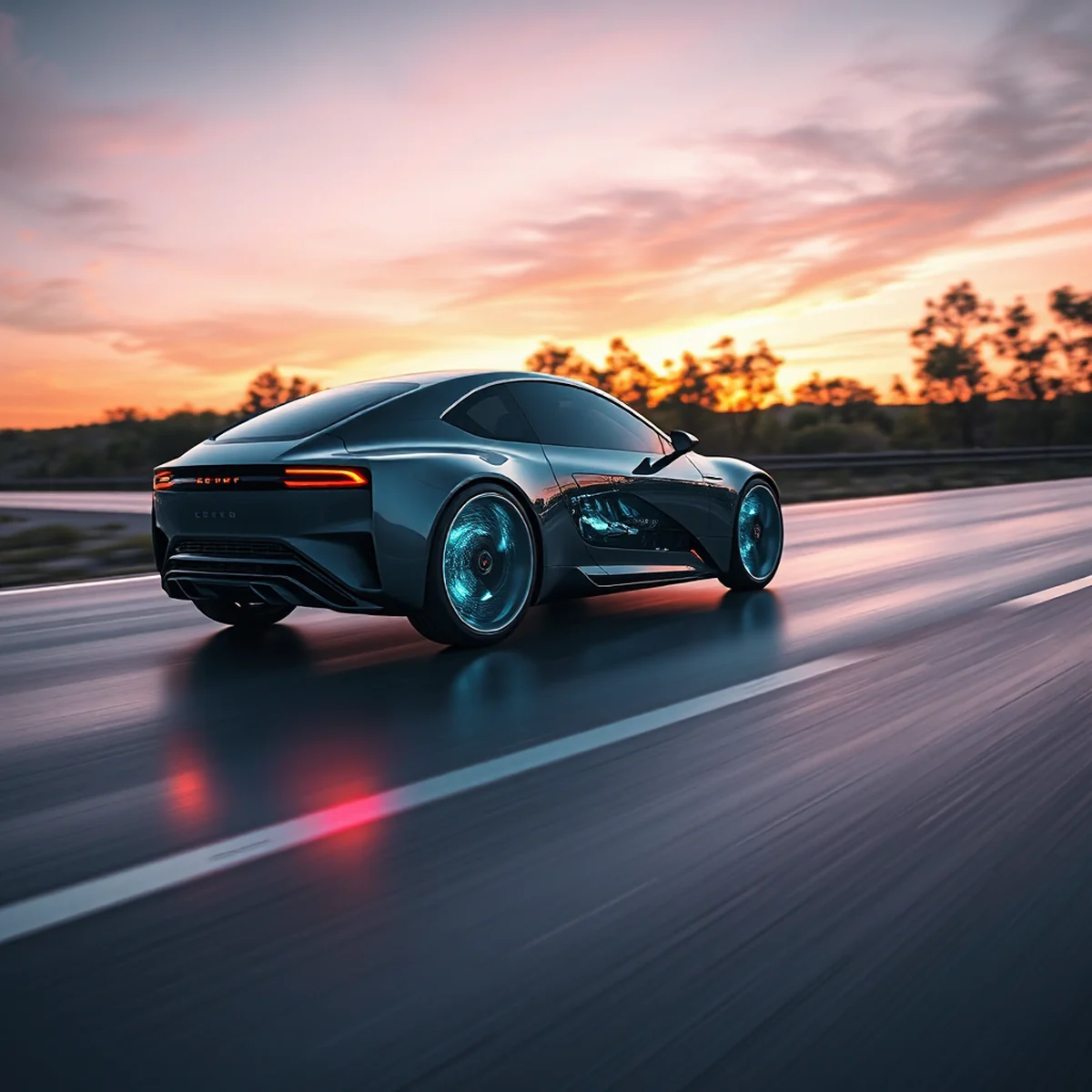 Plan large d'une voiture électrique axée sur l'avenir roulant doucement sur une route scintillante, avec des détails visibles à l'intérieur du véhicule montrant un matériau électrolyte solide qui brille.